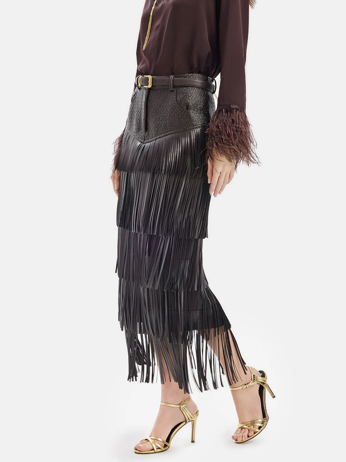 Fringe Leather Layered Skirt With Belt