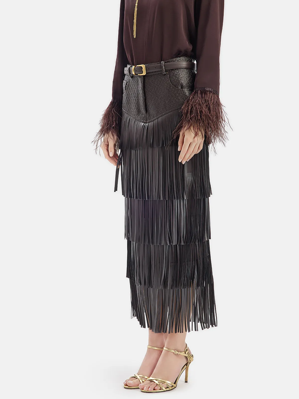 Fringe Leather Layered Skirt With Belt