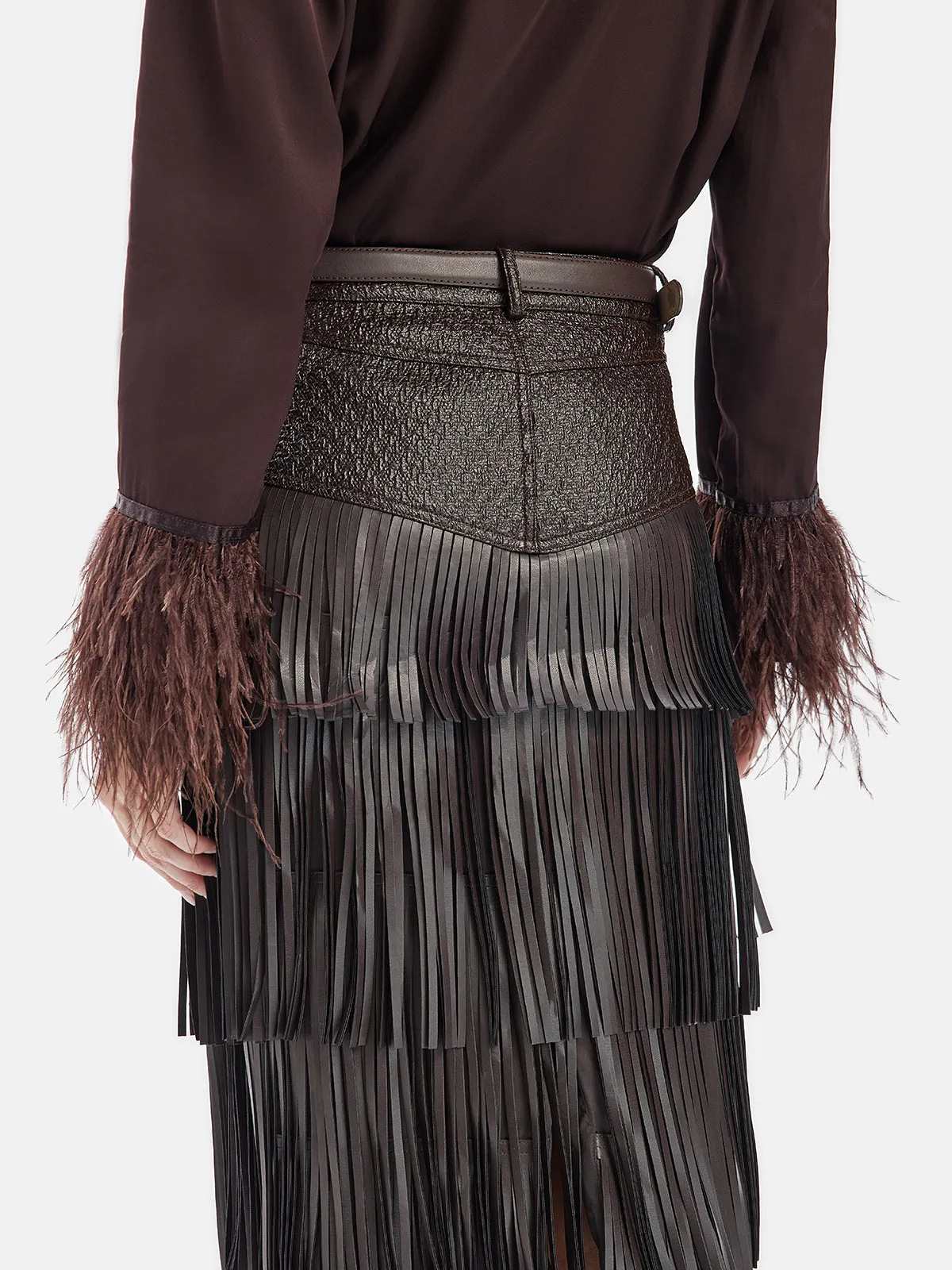 Fringe Leather Layered Skirt With Belt