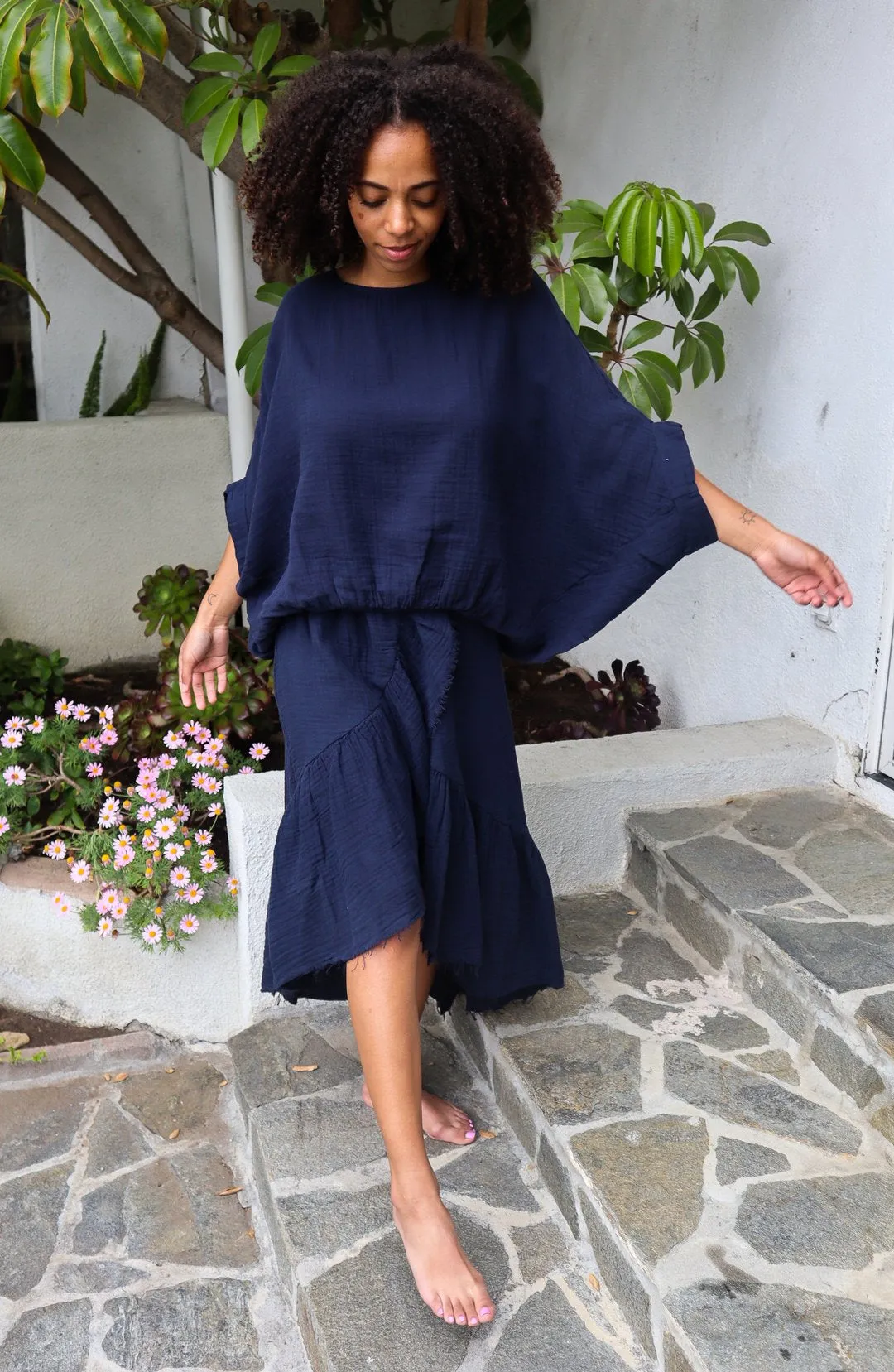 Gauze Cotton Ruffle Skirt - Navy