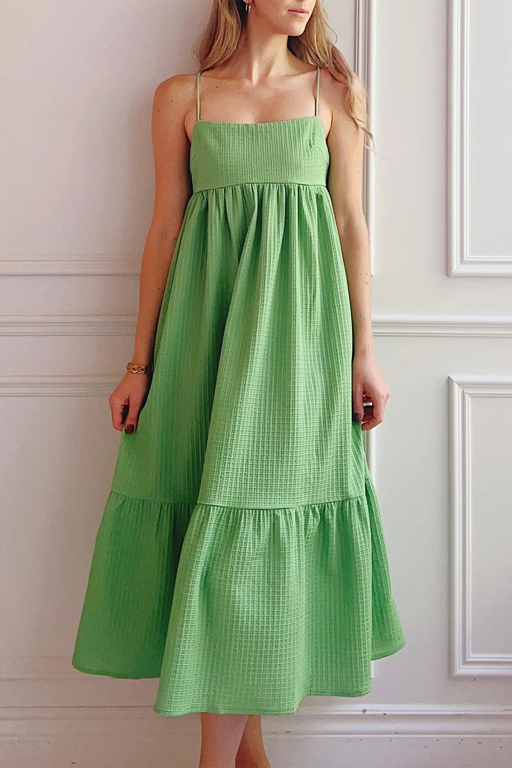 Gilli | Green Waffle Weave Babydoll Midi Dress