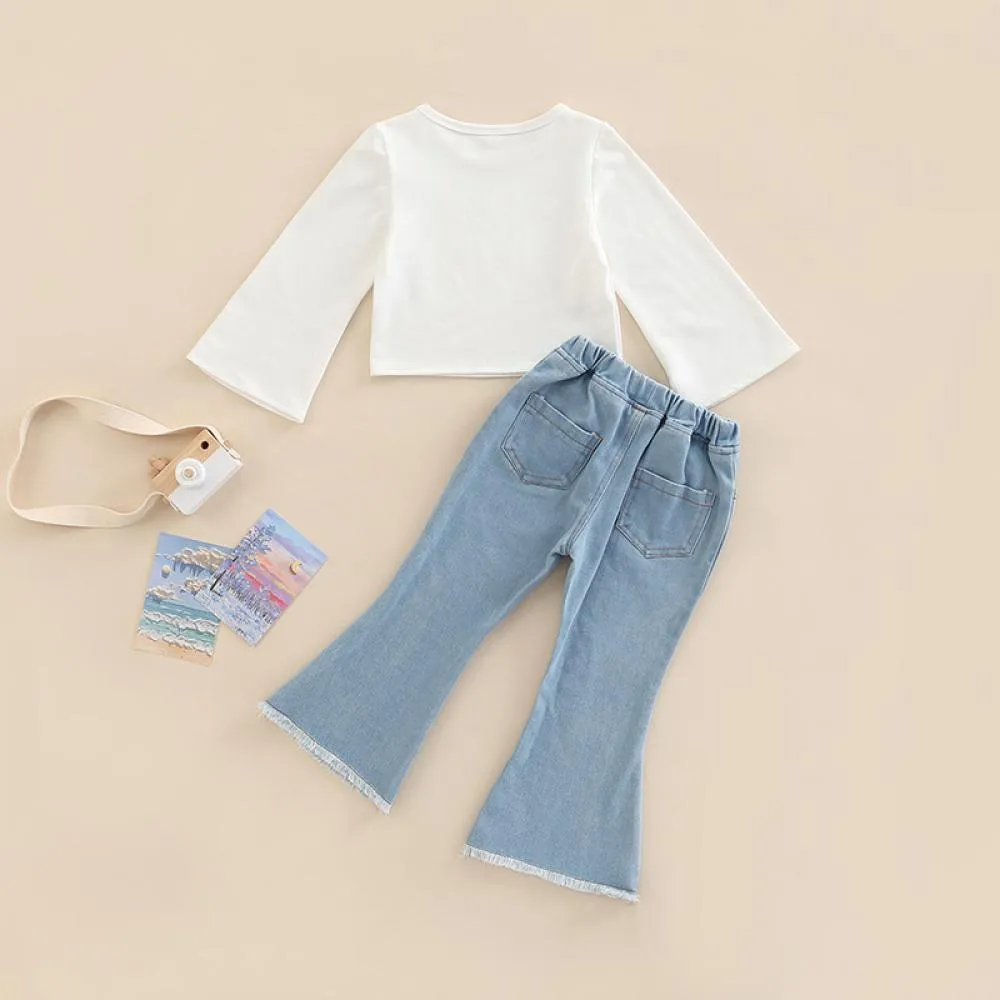 Girls Autumn Solid Color Flared Sleeve T-Shirt Denim Flared Pants Set Wholesale