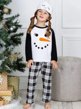 Girls Snowman Raglan Top and Plaid Pants Pajama Set