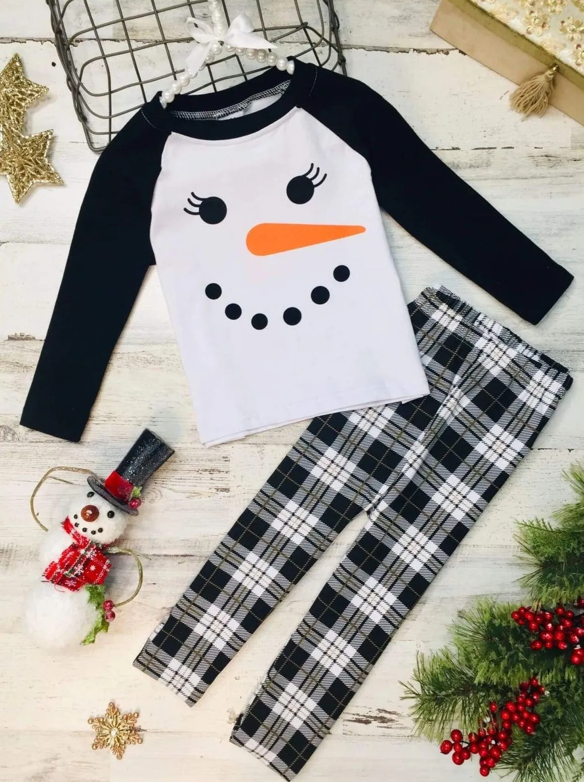 Girls Snowman Raglan Top and Plaid Pants Pajama Set