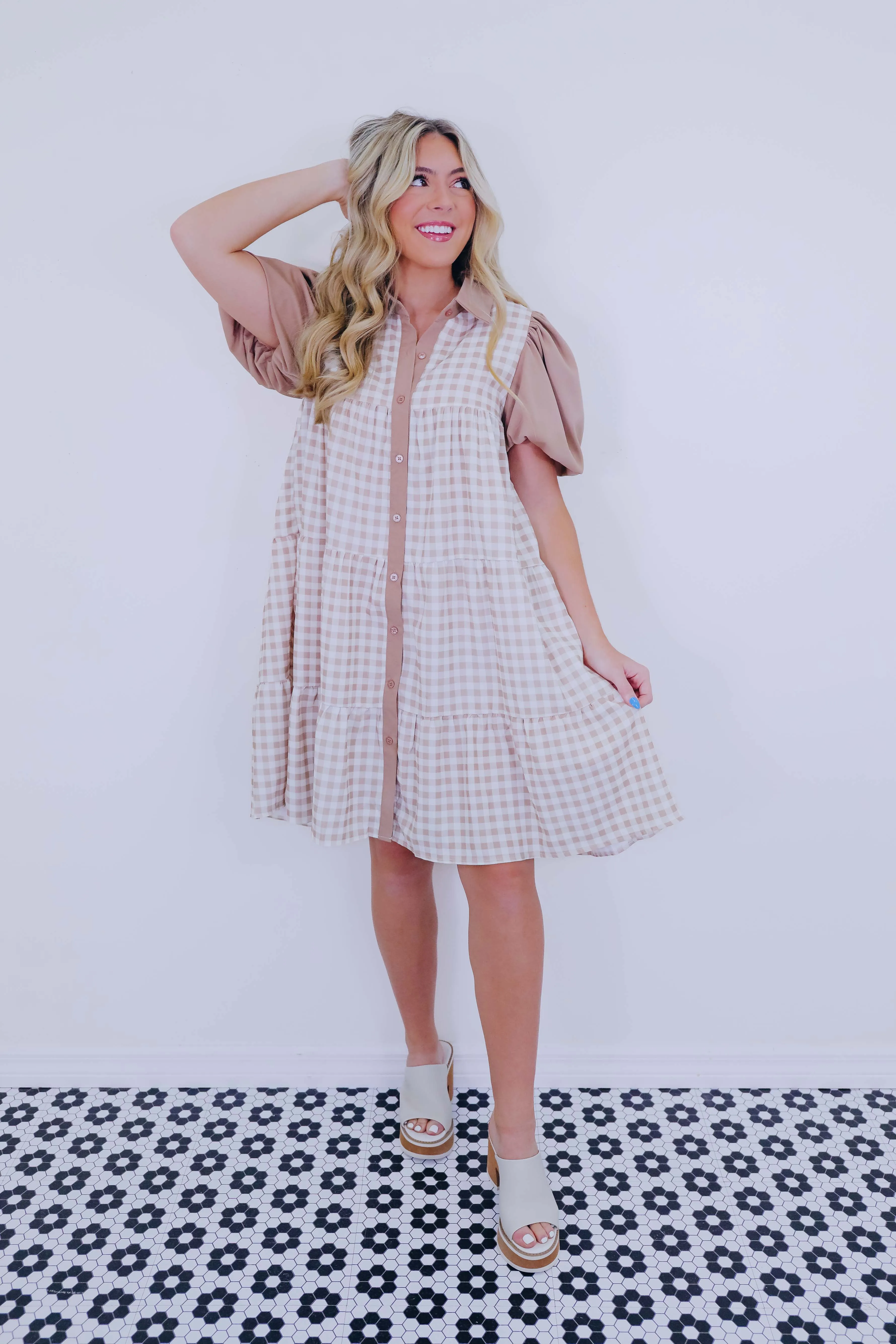 Gracey Gingham Babydoll Dress - Taupe