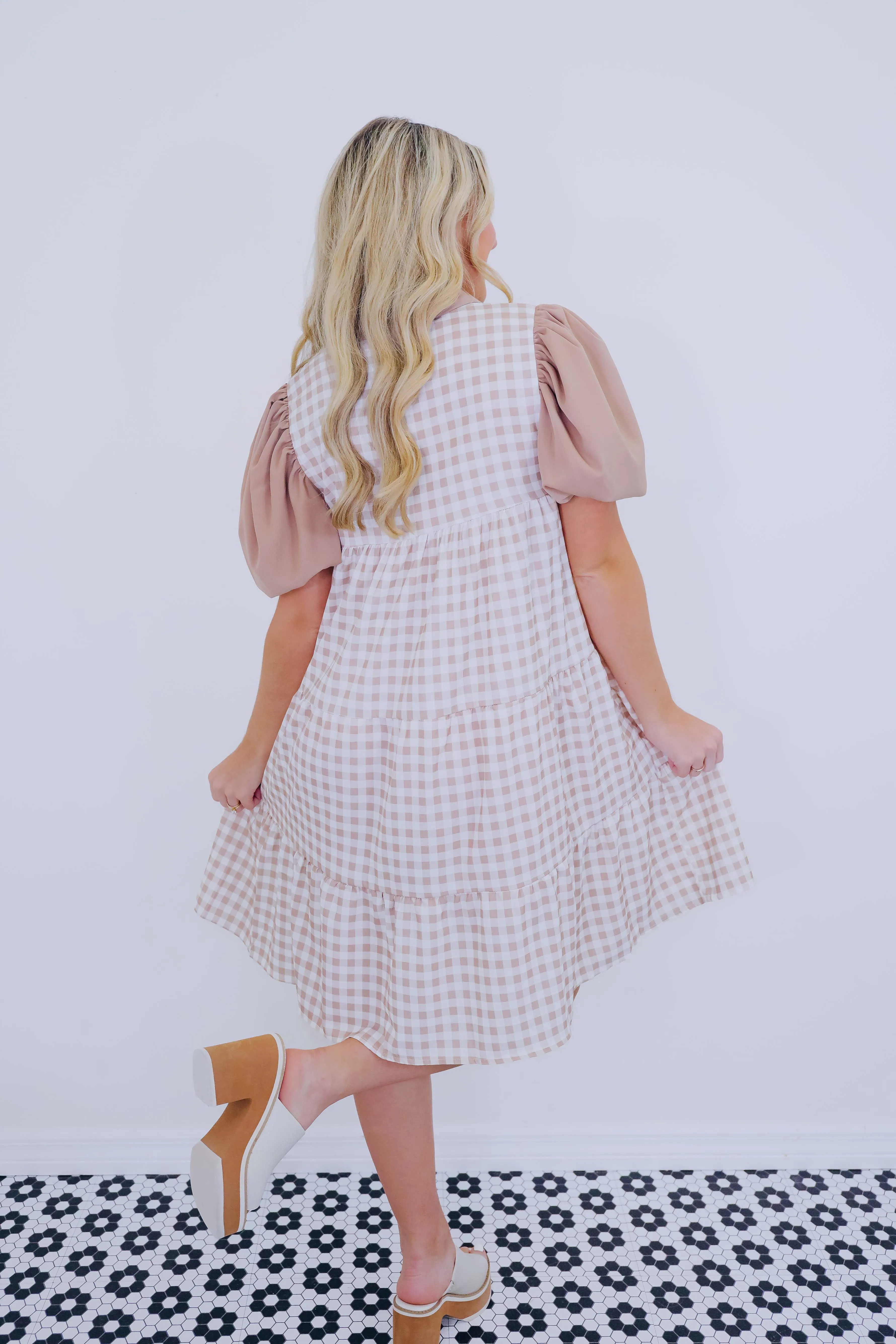 Gracey Gingham Babydoll Dress - Taupe