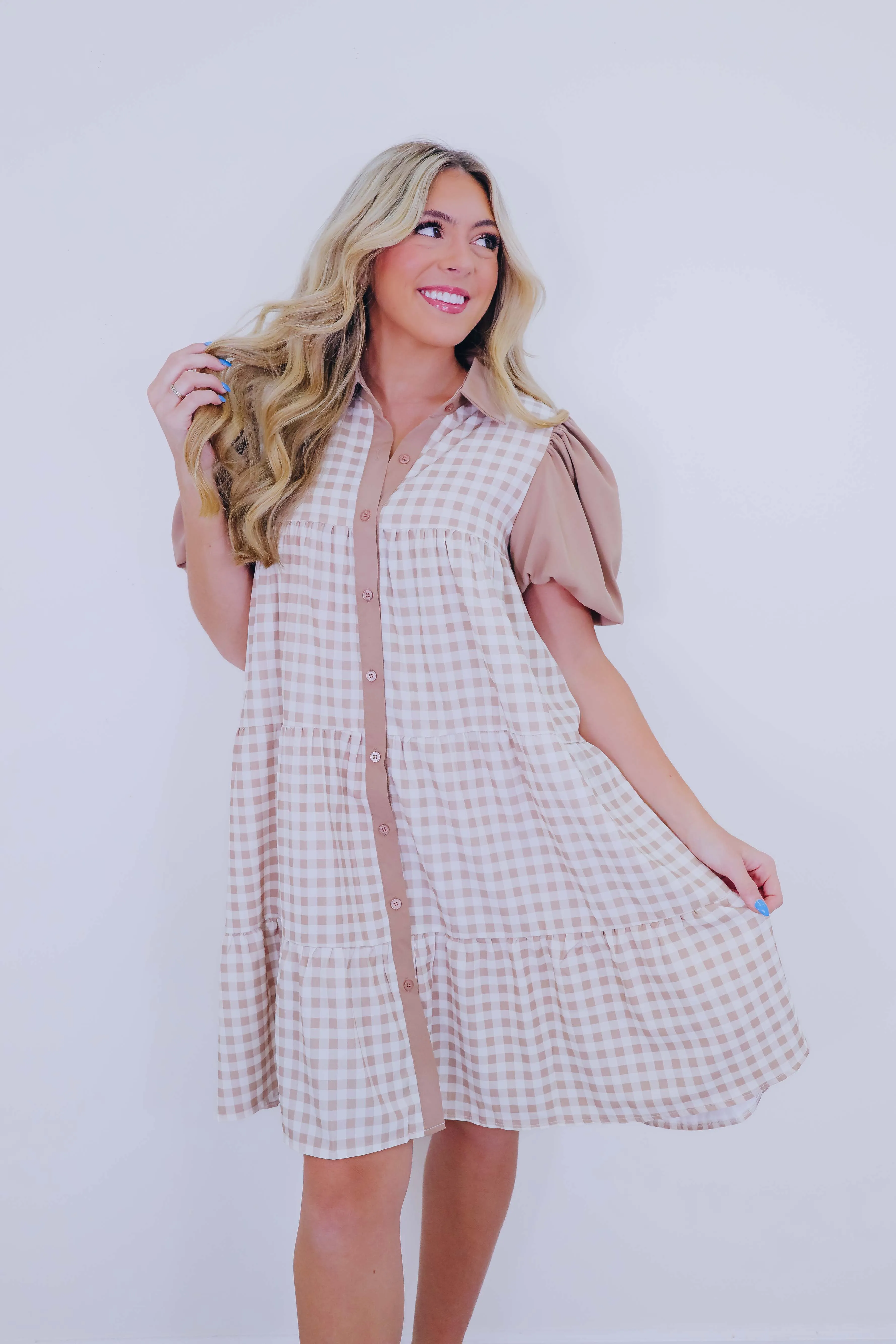 Gracey Gingham Babydoll Dress - Taupe