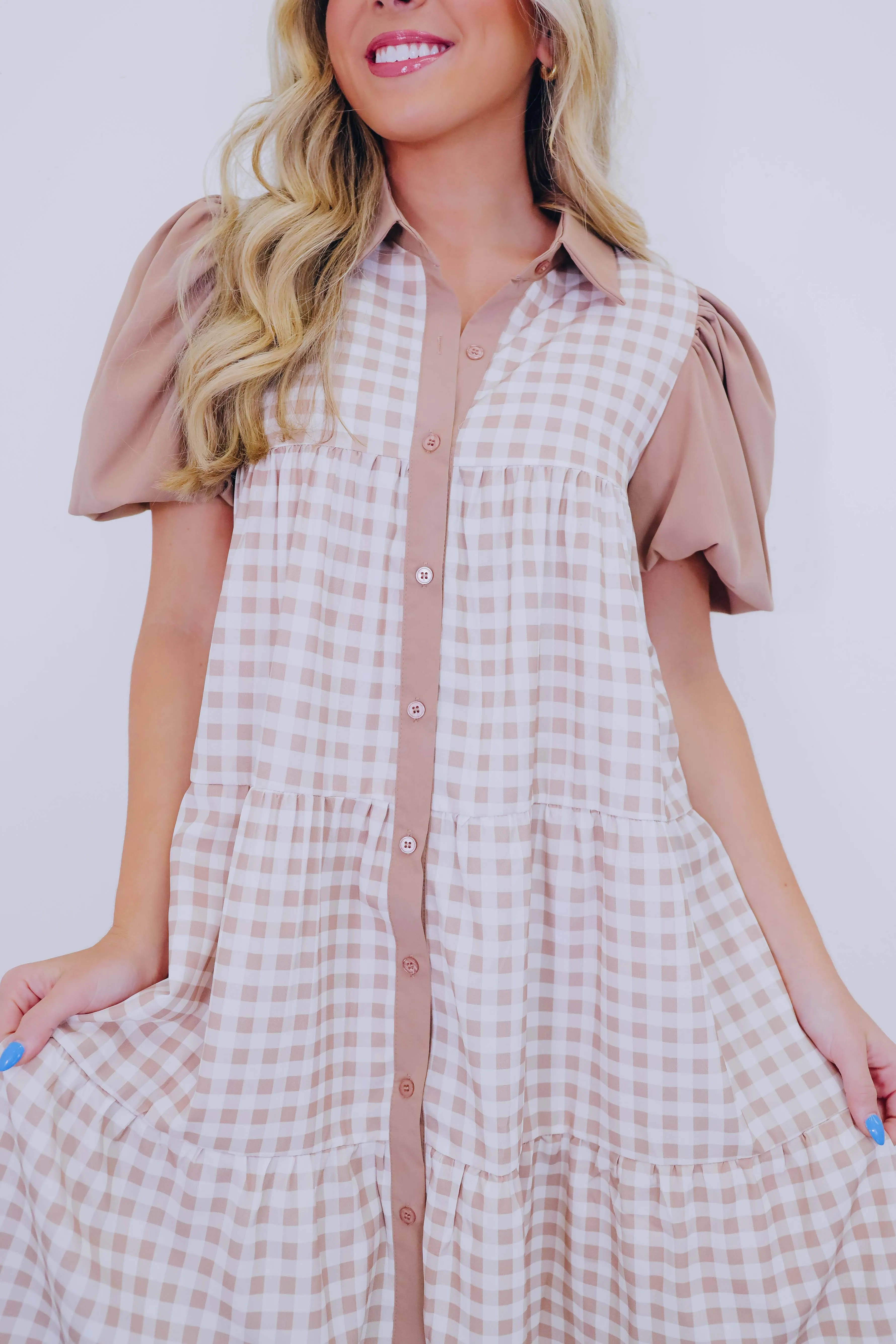 Gracey Gingham Babydoll Dress - Taupe