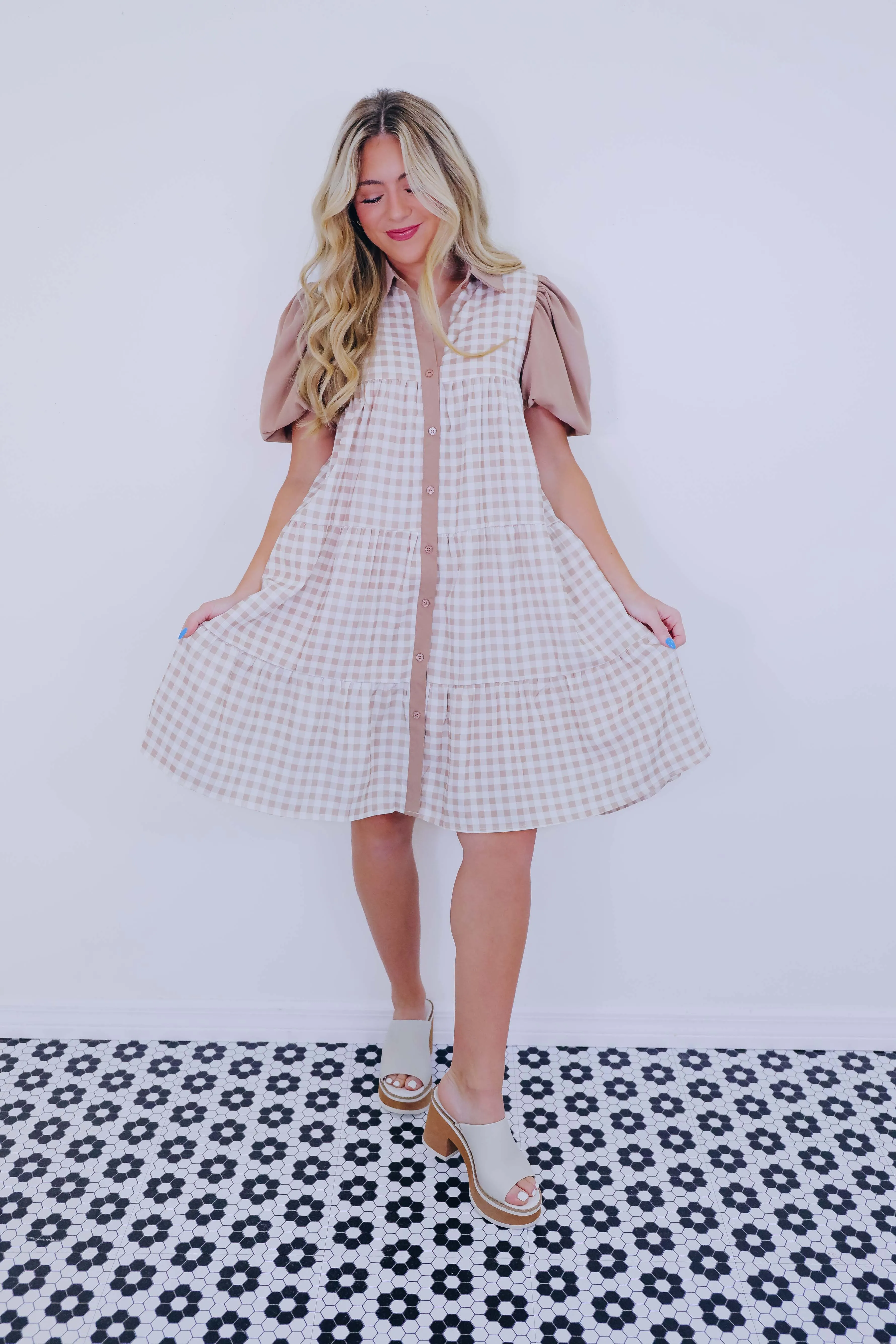 Gracey Gingham Babydoll Dress - Taupe