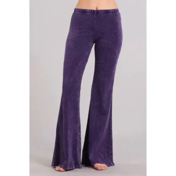 Grape Purple Boho Mineral Wash Flared Bell Bottom Stretch Pull On Pants Womens