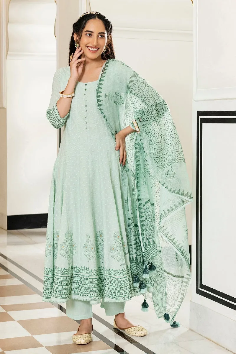 Gulnaaz Light Green Handblock Printed Kalidar Kurta With Pant & Dupatta