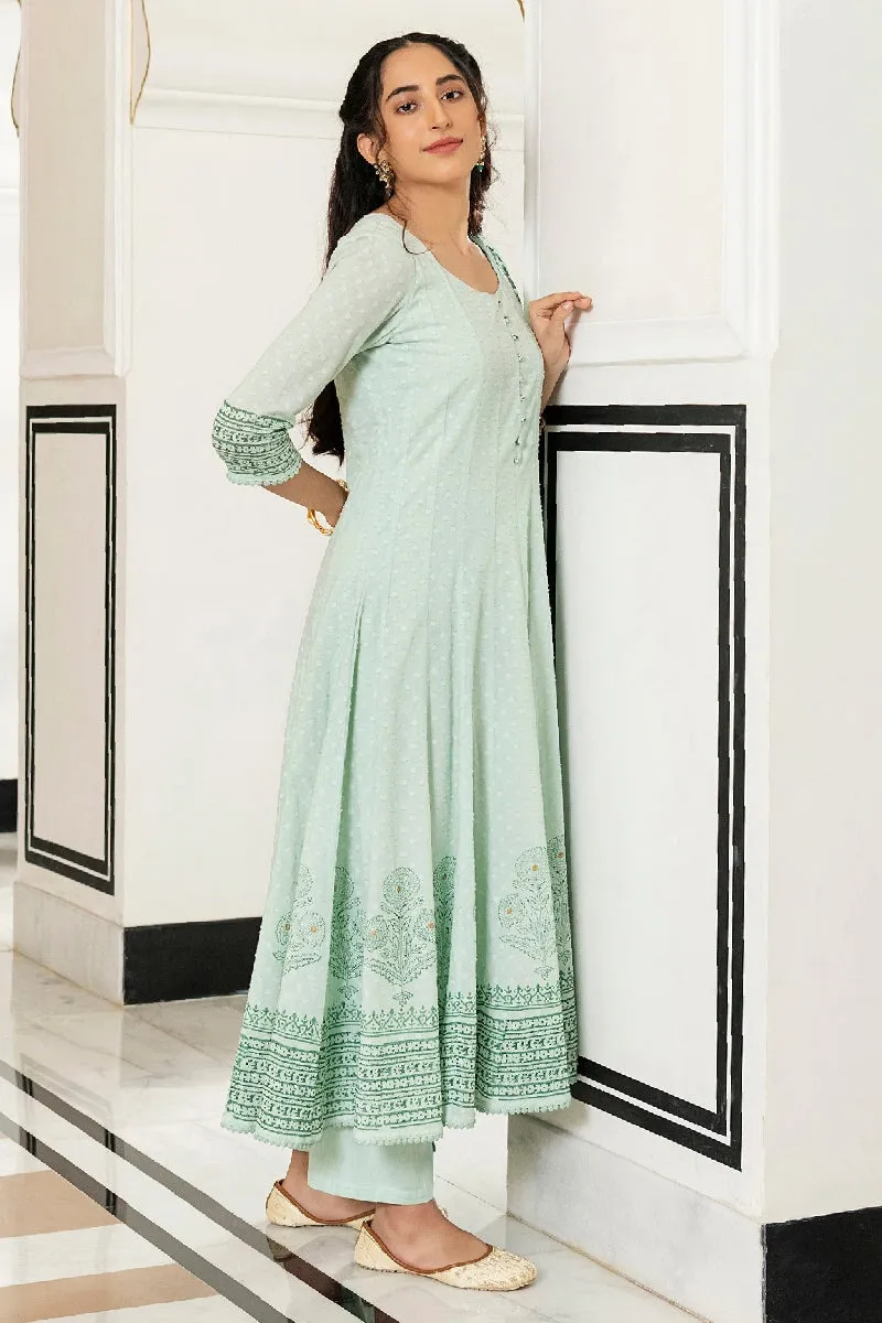 Gulnaaz Light Green Handblock Printed Kalidar Kurta With Pant & Dupatta