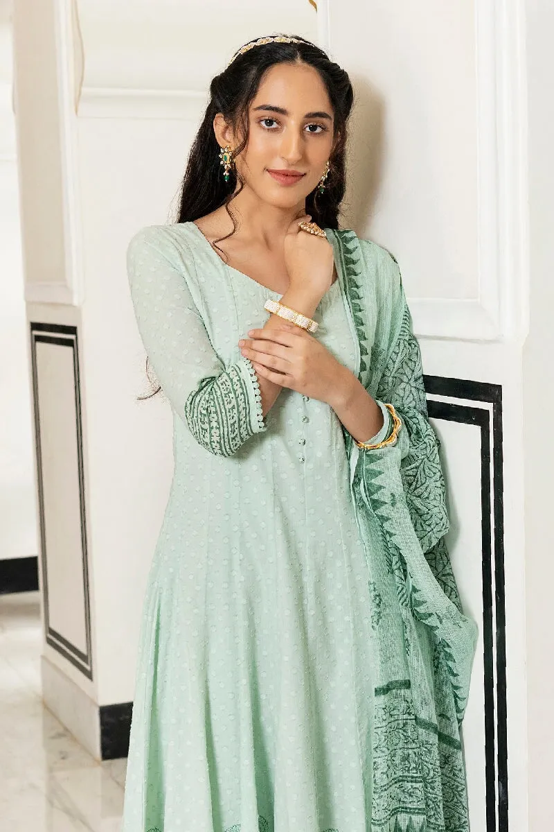 Gulnaaz Light Green Handblock Printed Kalidar Kurta With Pant & Dupatta