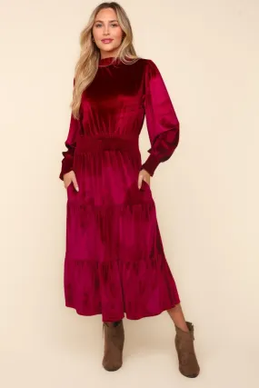 Haptics Mock Neck Smocked Waist Velvet Tiered Dress