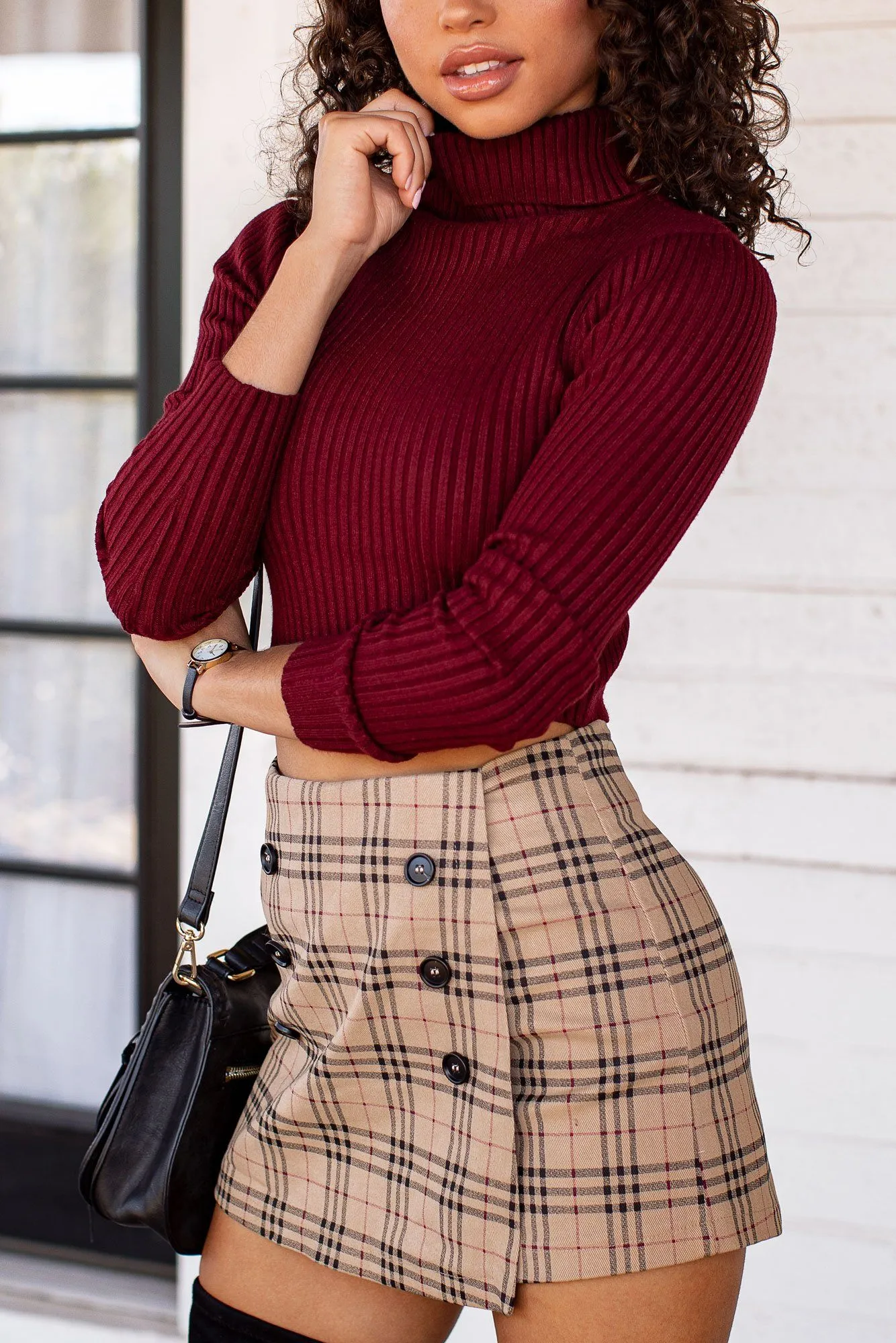 Hazy Burgundy Ribbed Crop Turtleneck Top