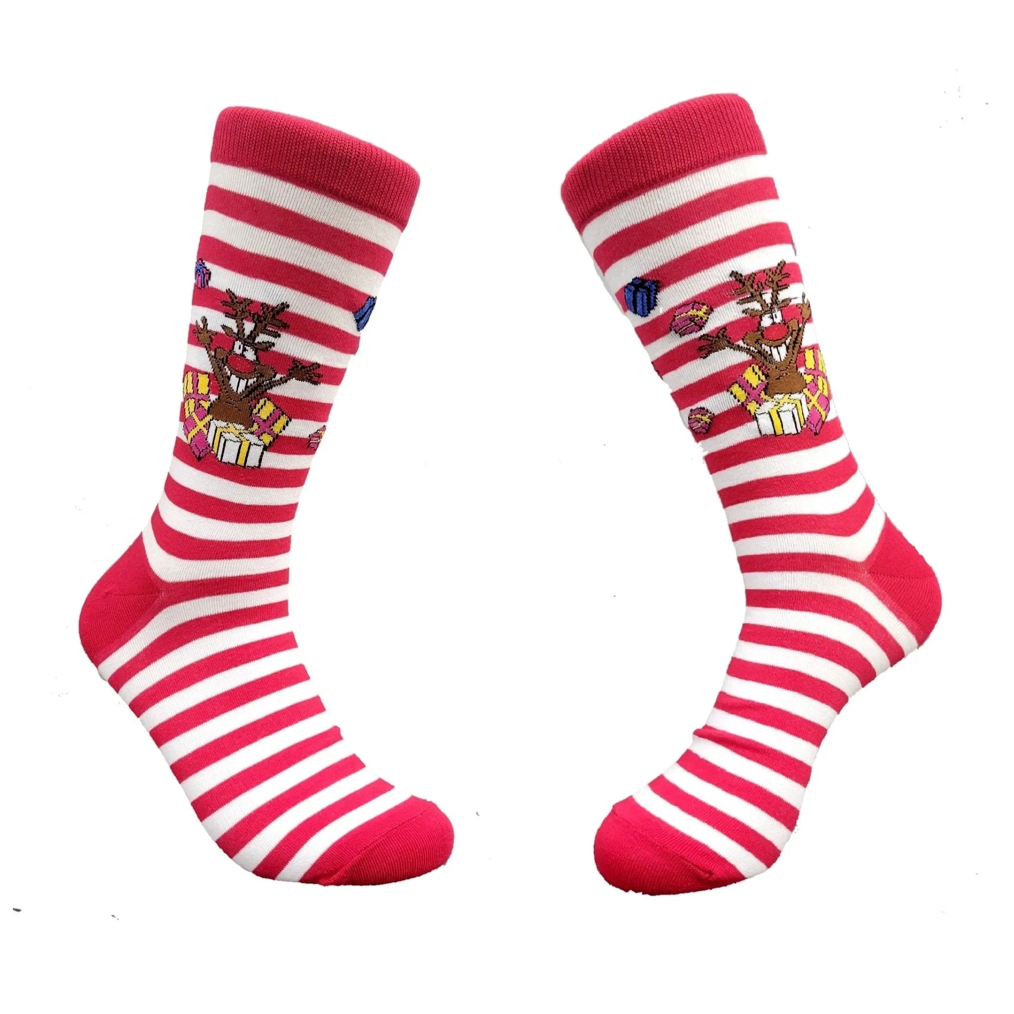 Holiday Reindeer with Red and White Stripes Socks