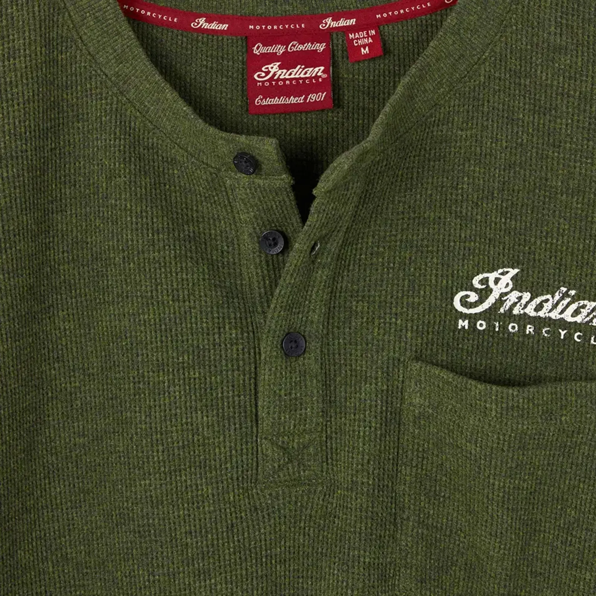 Indian Motorcycle Mens Waffle Henley Pocket Longsleeve T-Shirt Green