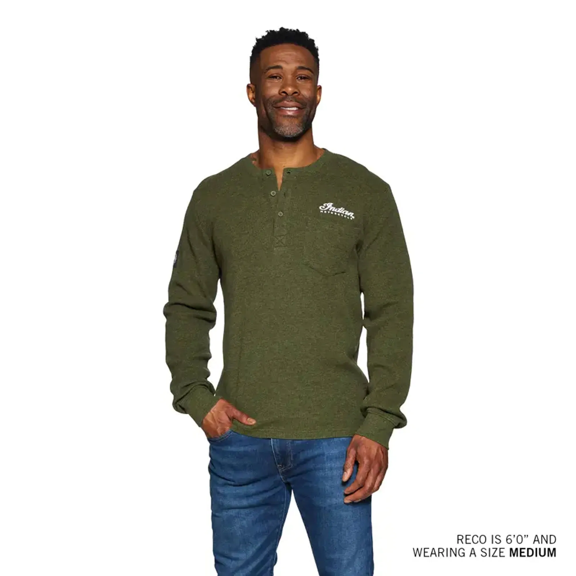 Indian Motorcycle Mens Waffle Henley Pocket Longsleeve T-Shirt Green