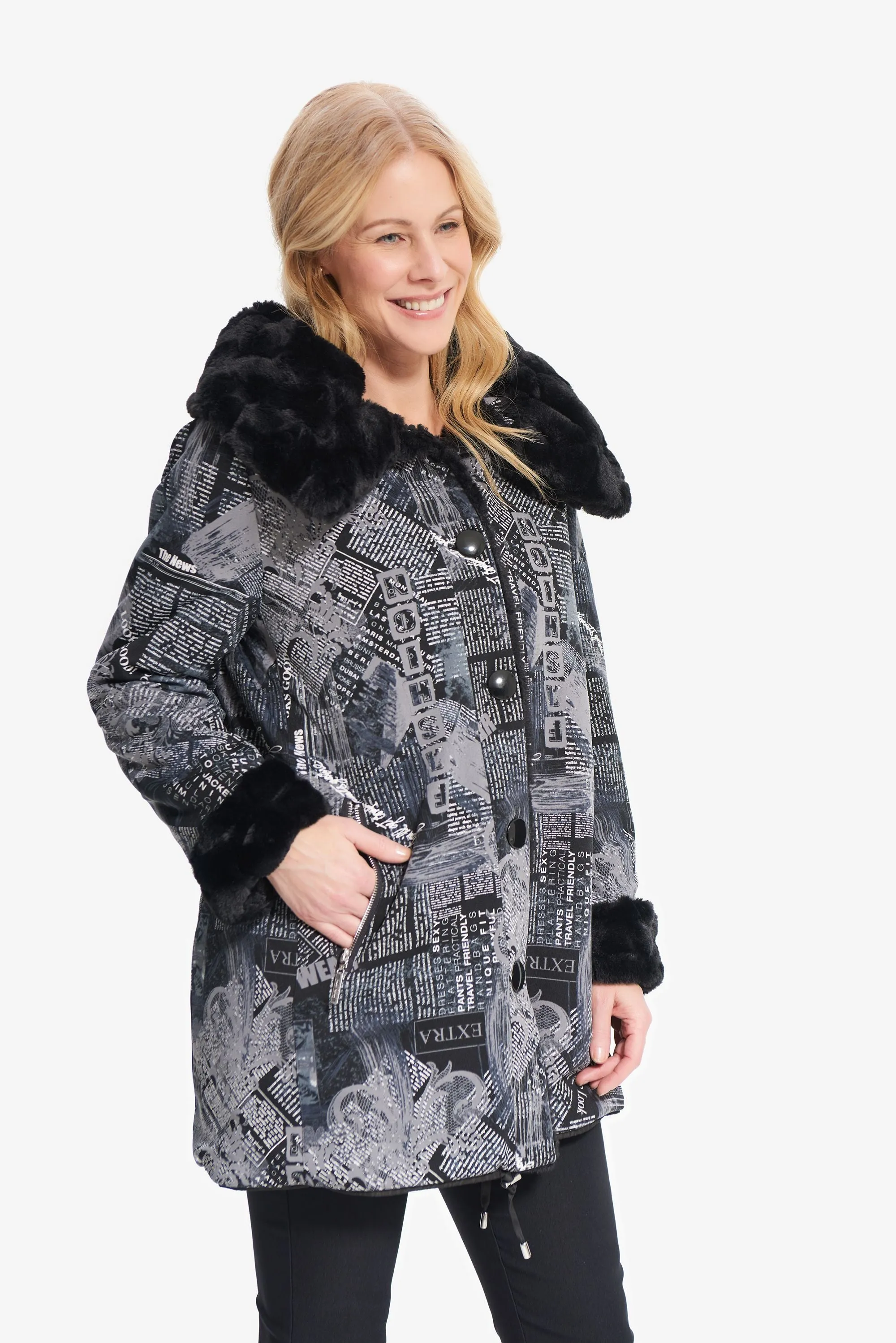 Joseph Ribkoff Newspaper Print Coat