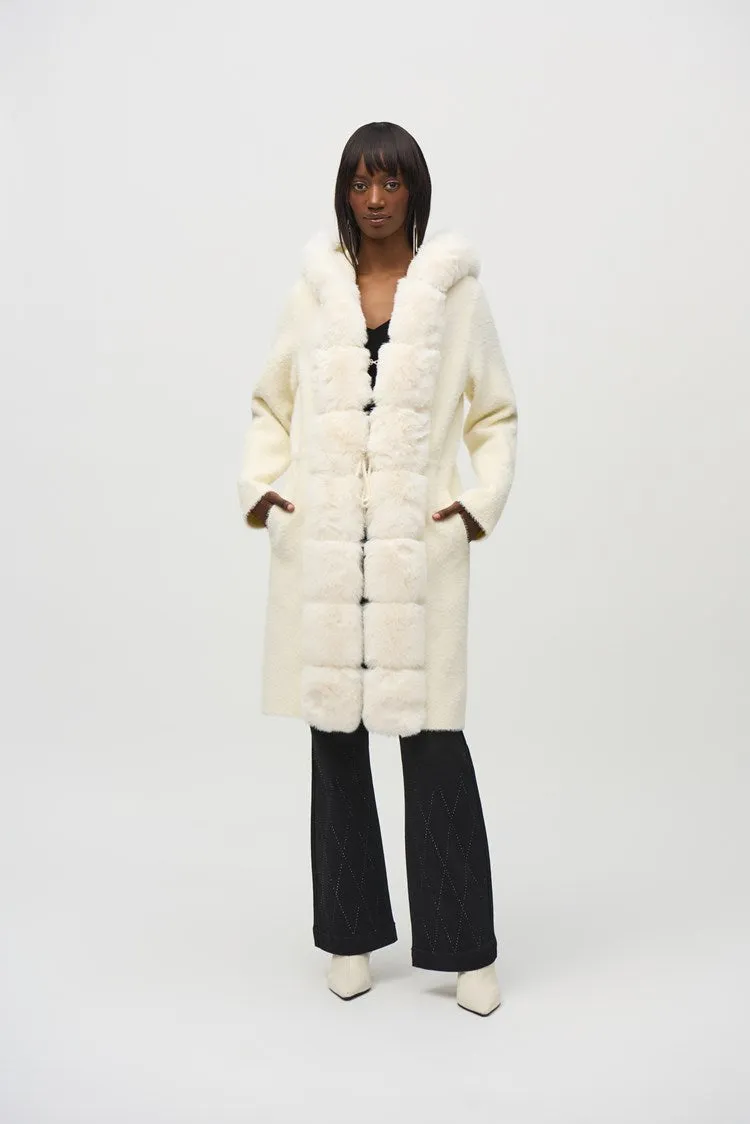 Joseph Ribkoff Vanilla Sweater Knit and Faux Fur Hooded Coat