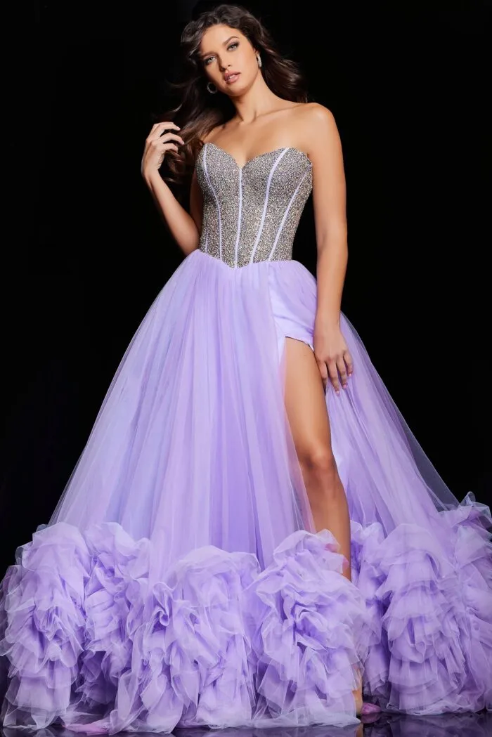 Jovani 37199 Ruffle Tulle A Line Dress Slit Crystal Corset Pageant Prom Formal Gown