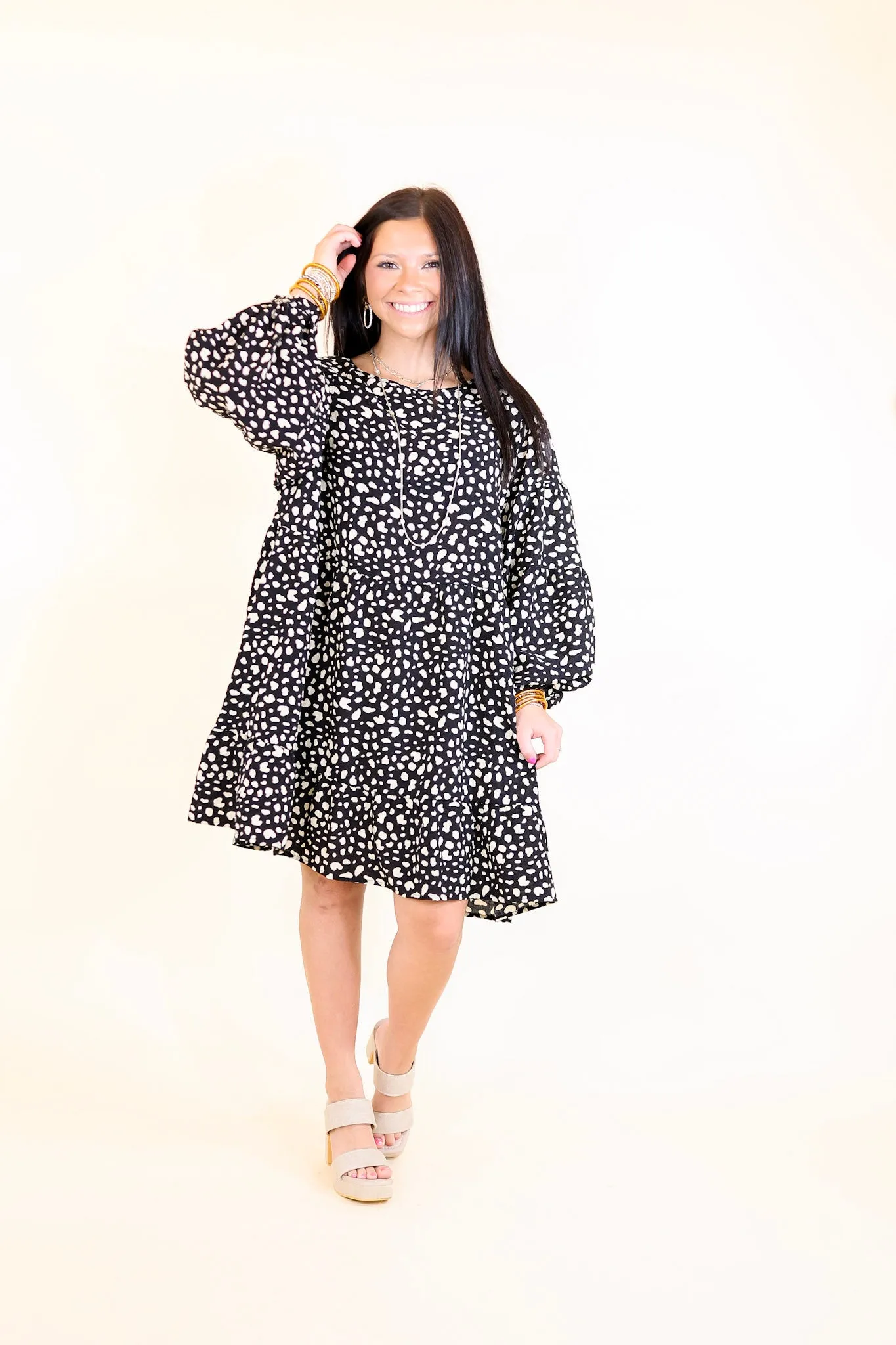 Just Like Magic Dotted Babydoll Dress with Balloon Sleeves in Black