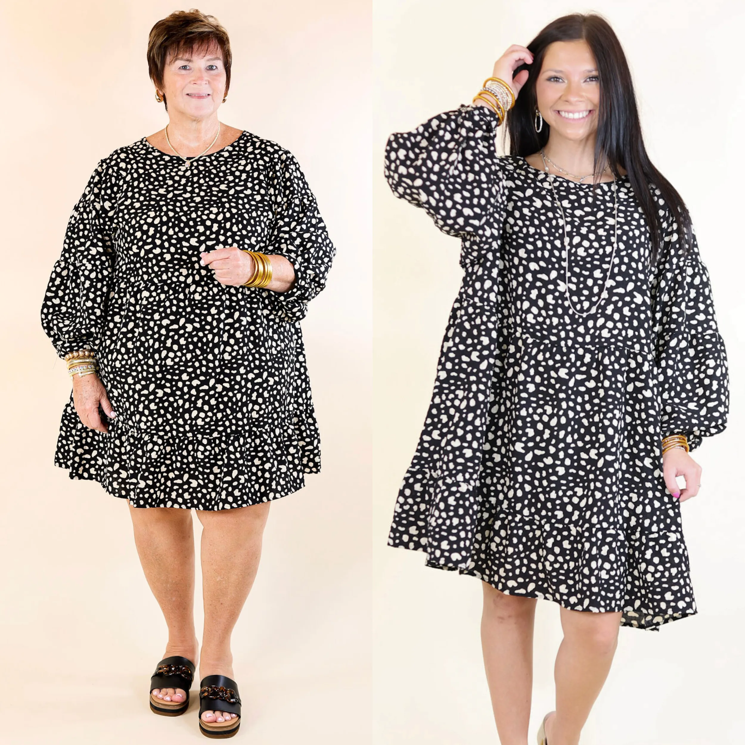 Just Like Magic Dotted Babydoll Dress with Balloon Sleeves in Black