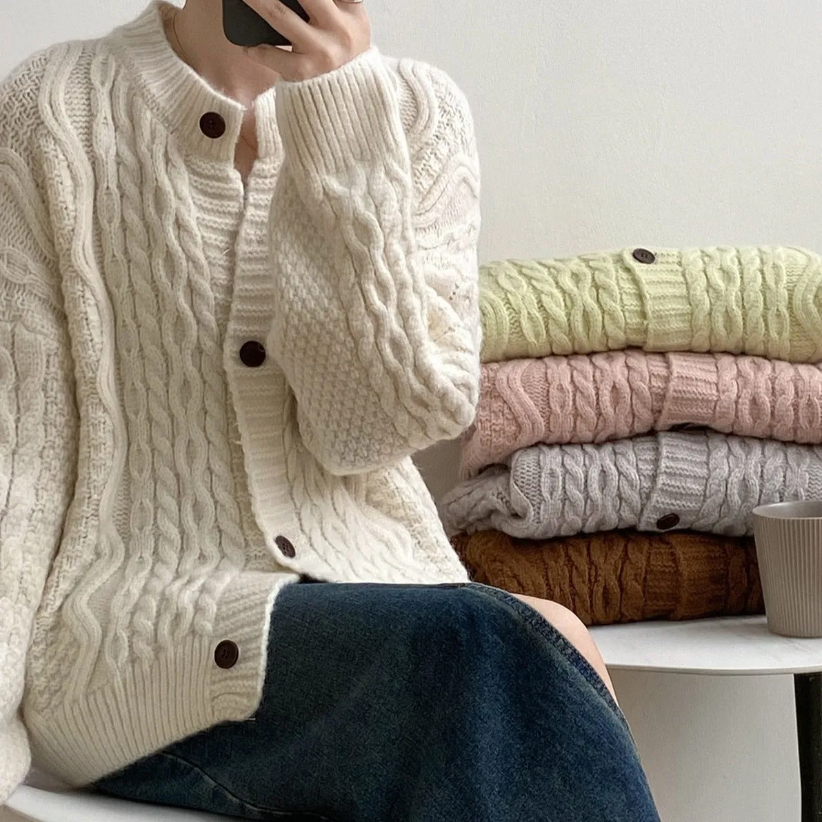 [Korean Style] 5 Color O-neck Chunky Dropped Shoulder Cardigan Sweater