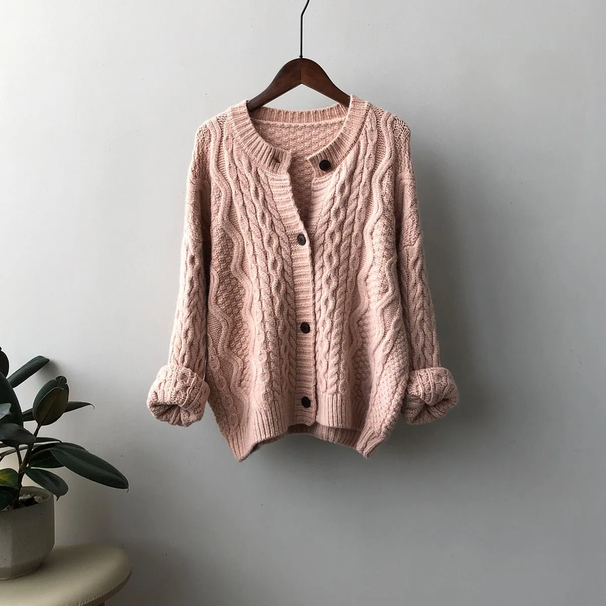 [Korean Style] 5 Color O-neck Chunky Dropped Shoulder Cardigan Sweater