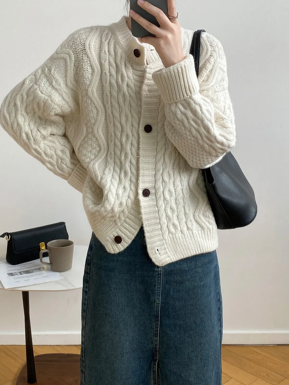 [Korean Style] 5 Color O-neck Chunky Dropped Shoulder Cardigan Sweater