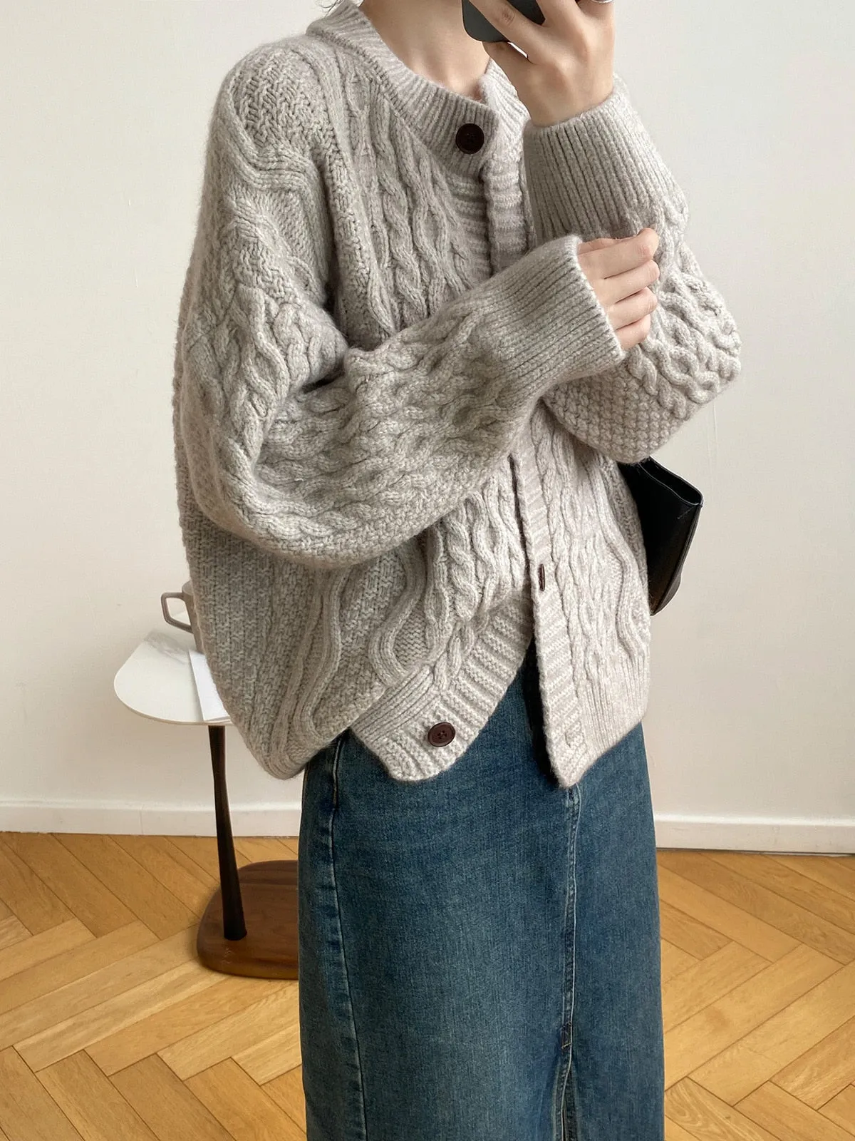 [Korean Style] 5 Color O-neck Chunky Dropped Shoulder Cardigan Sweater