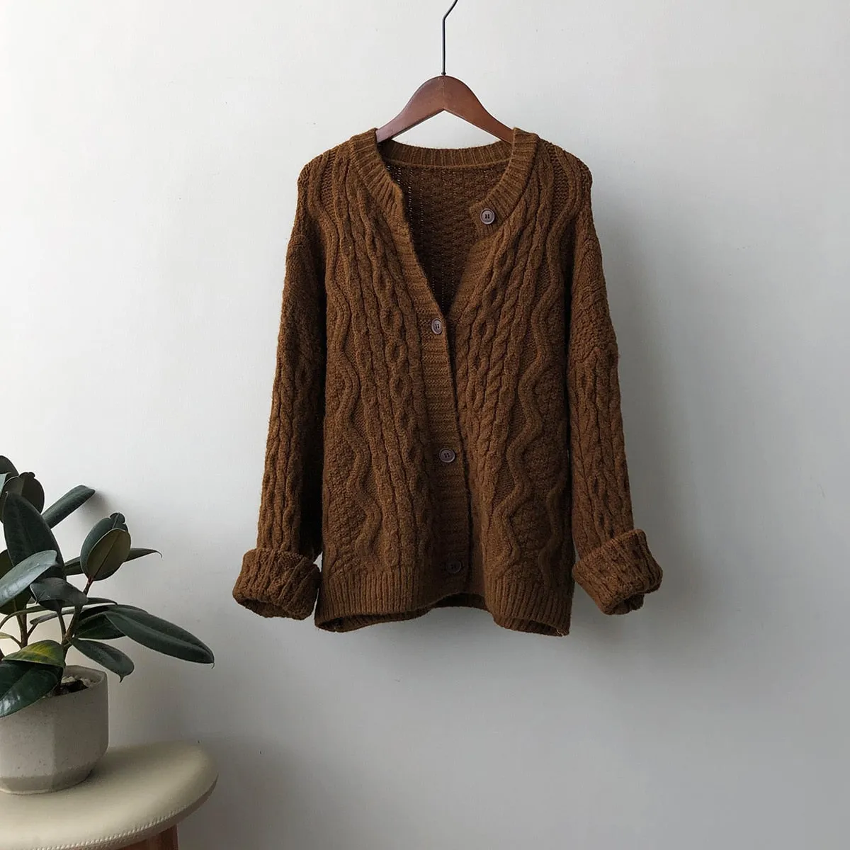 [Korean Style] 5 Color O-neck Chunky Dropped Shoulder Cardigan Sweater