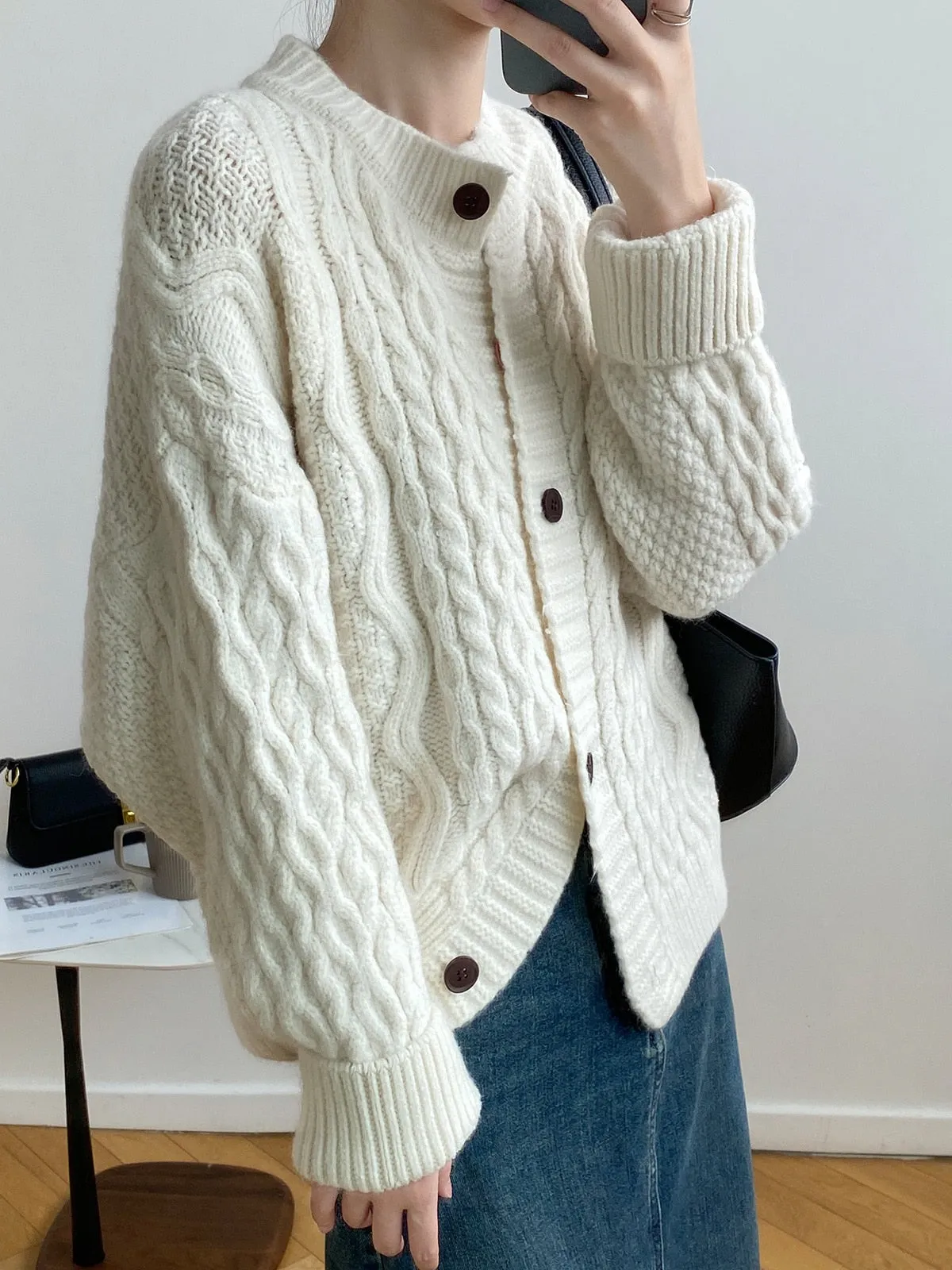 [Korean Style] 5 Color O-neck Chunky Dropped Shoulder Cardigan Sweater