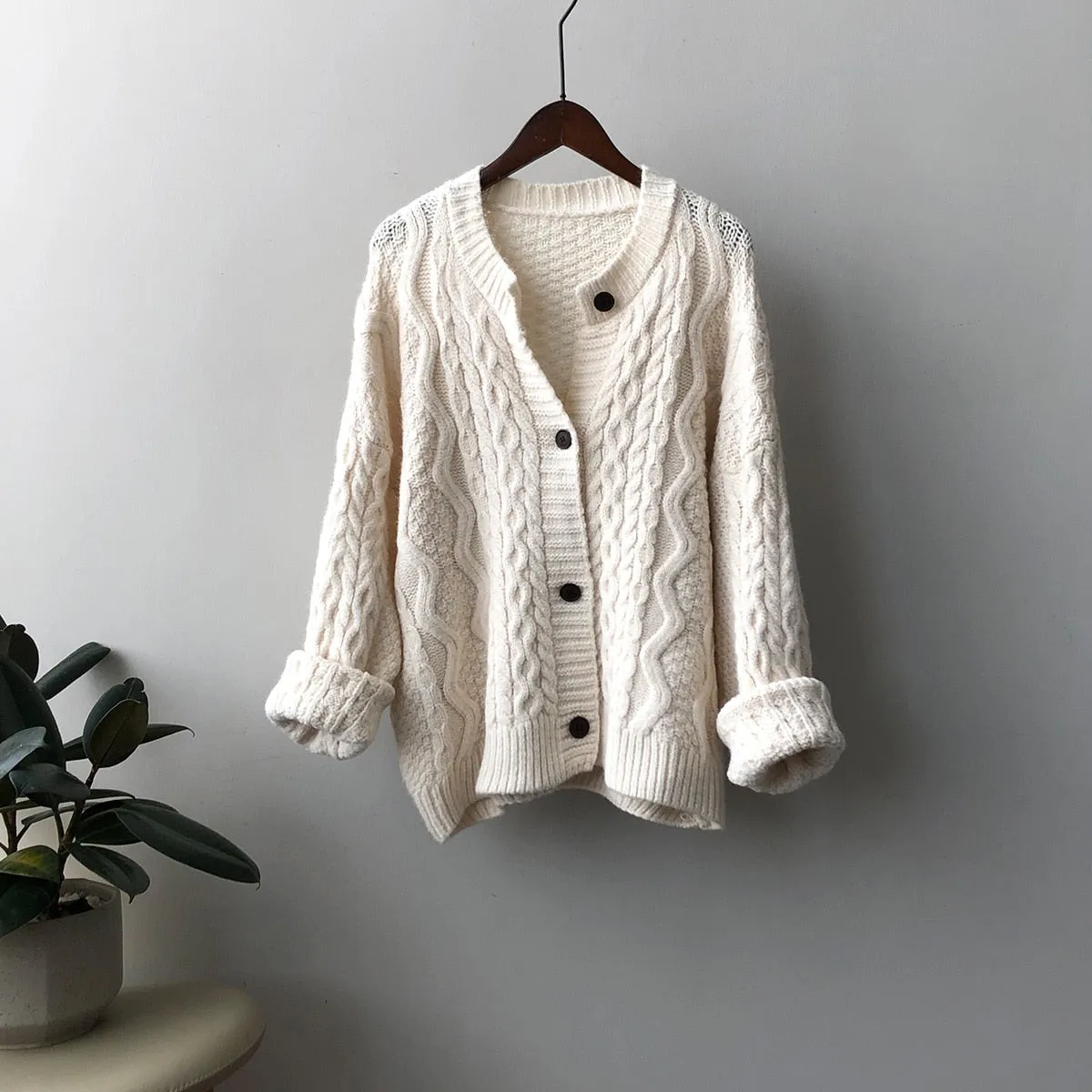 [Korean Style] 5 Color O-neck Chunky Dropped Shoulder Cardigan Sweater