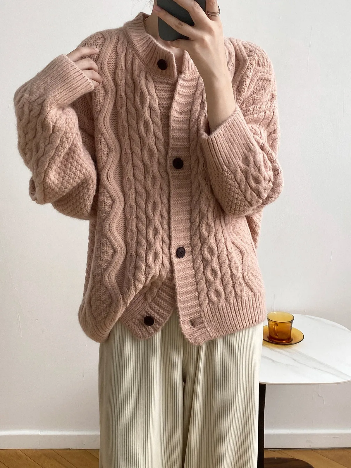 [Korean Style] 5 Color O-neck Chunky Dropped Shoulder Cardigan Sweater