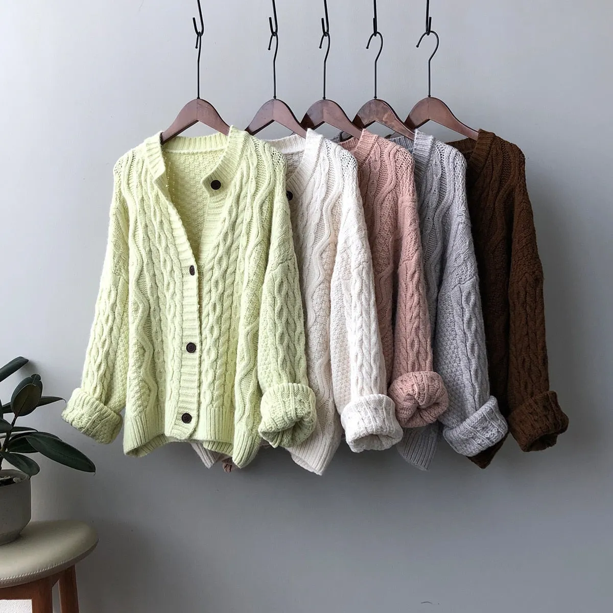 [Korean Style] 5 Color O-neck Chunky Dropped Shoulder Cardigan Sweater