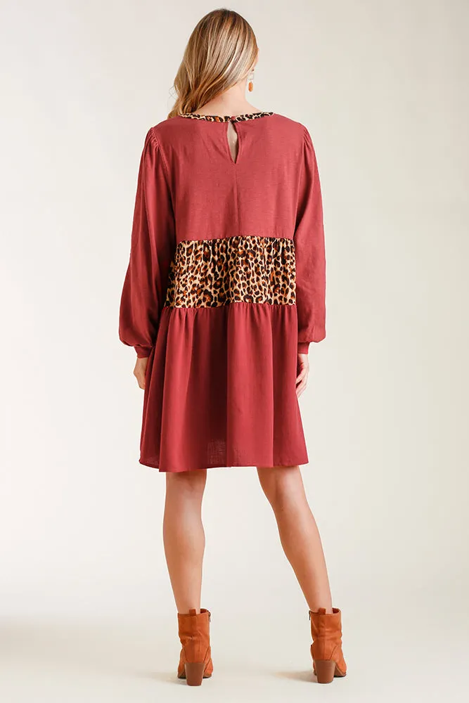 Leopard Tiered Babydoll Dress, Brick