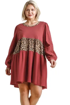 Leopard Tiered Babydoll Dress, Brick