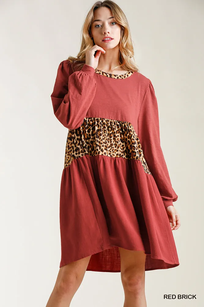 Leopard Tiered Babydoll Dress, Brick