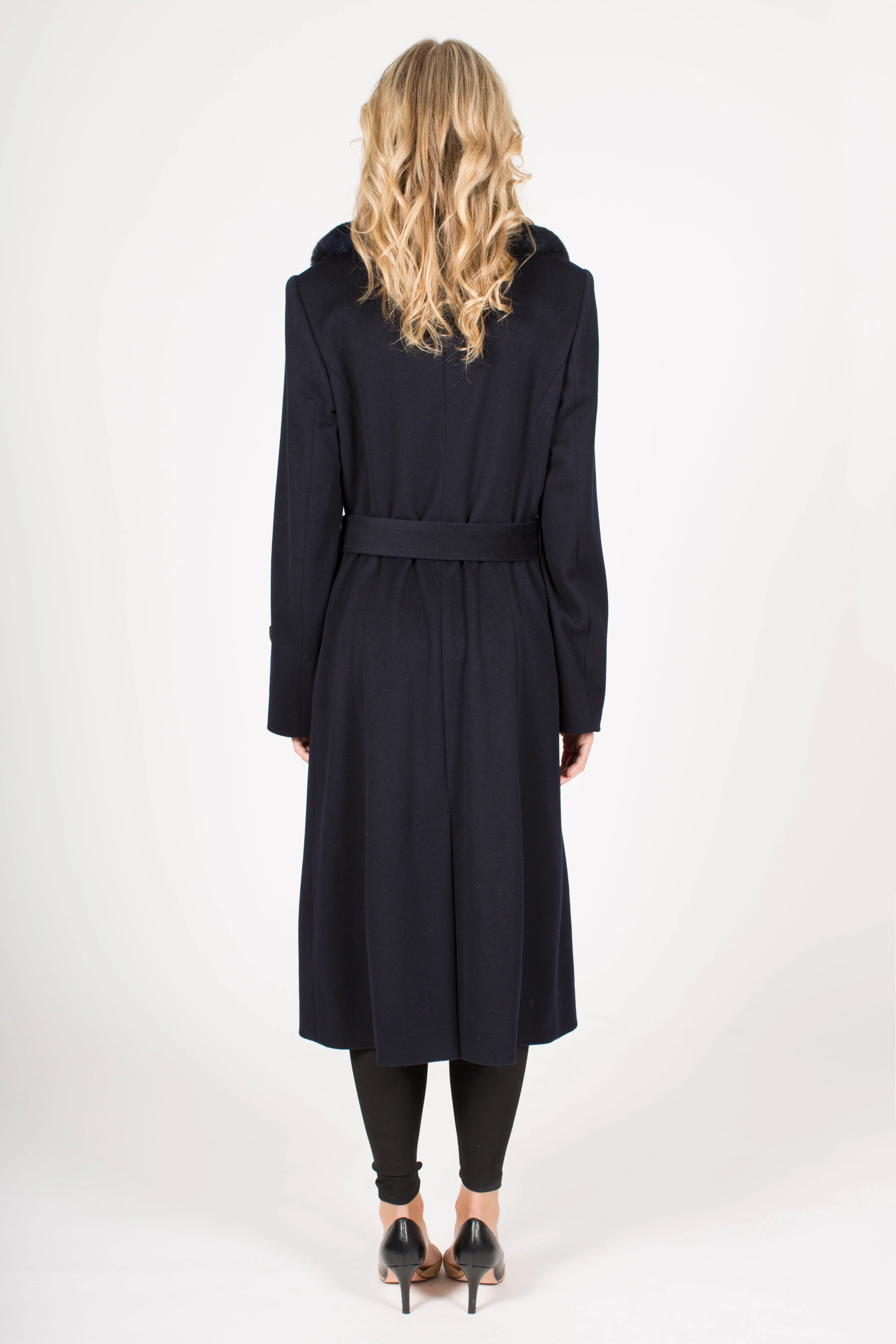 Long Cashmere Blend Wrap Coat with Rex Rabbit Collar