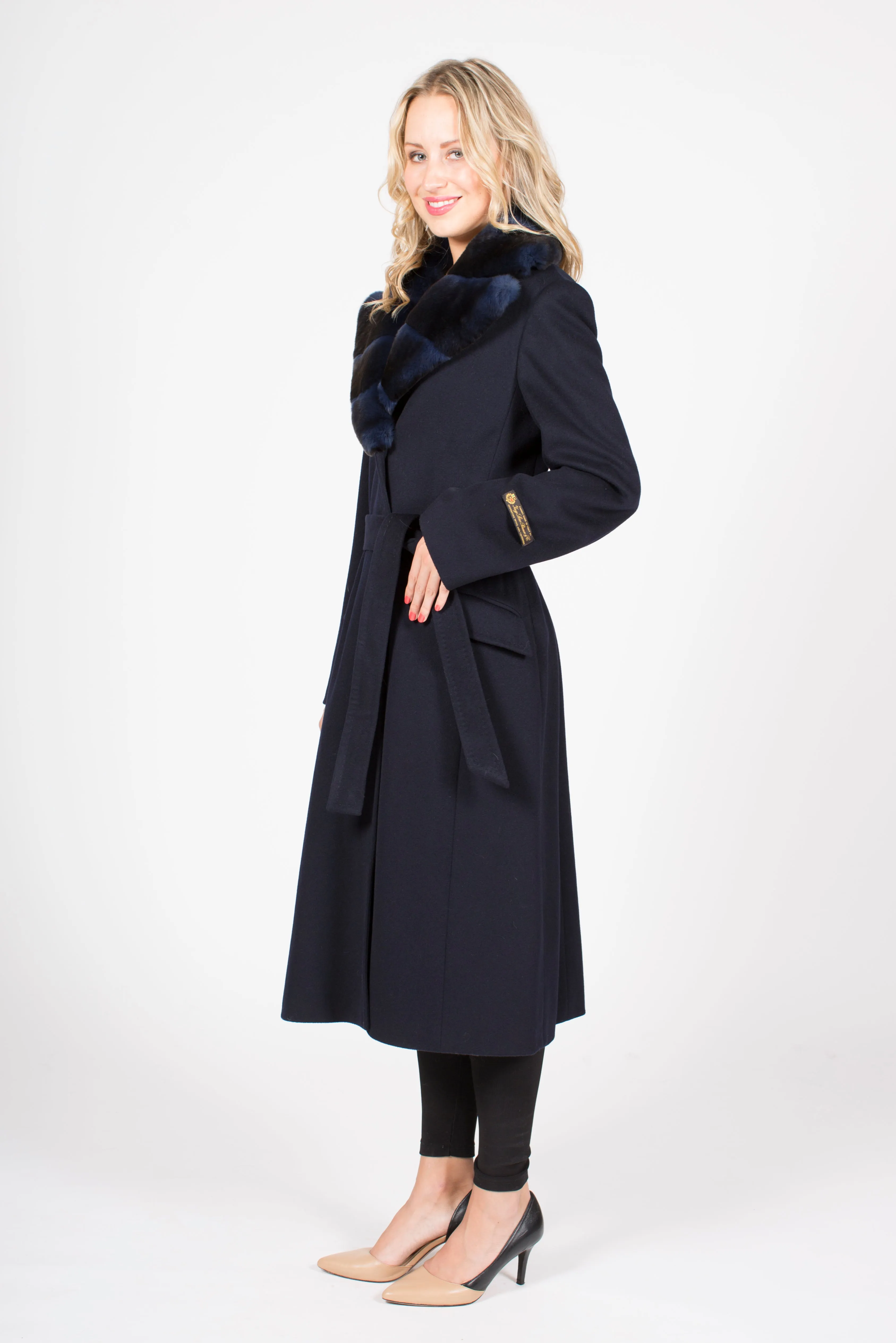 Long Cashmere Blend Wrap Coat with Rex Rabbit Collar