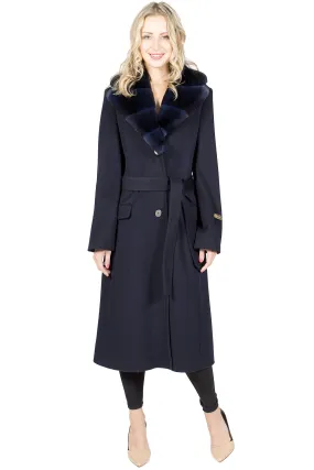 Long Cashmere Blend Wrap Coat with Rex Rabbit Collar