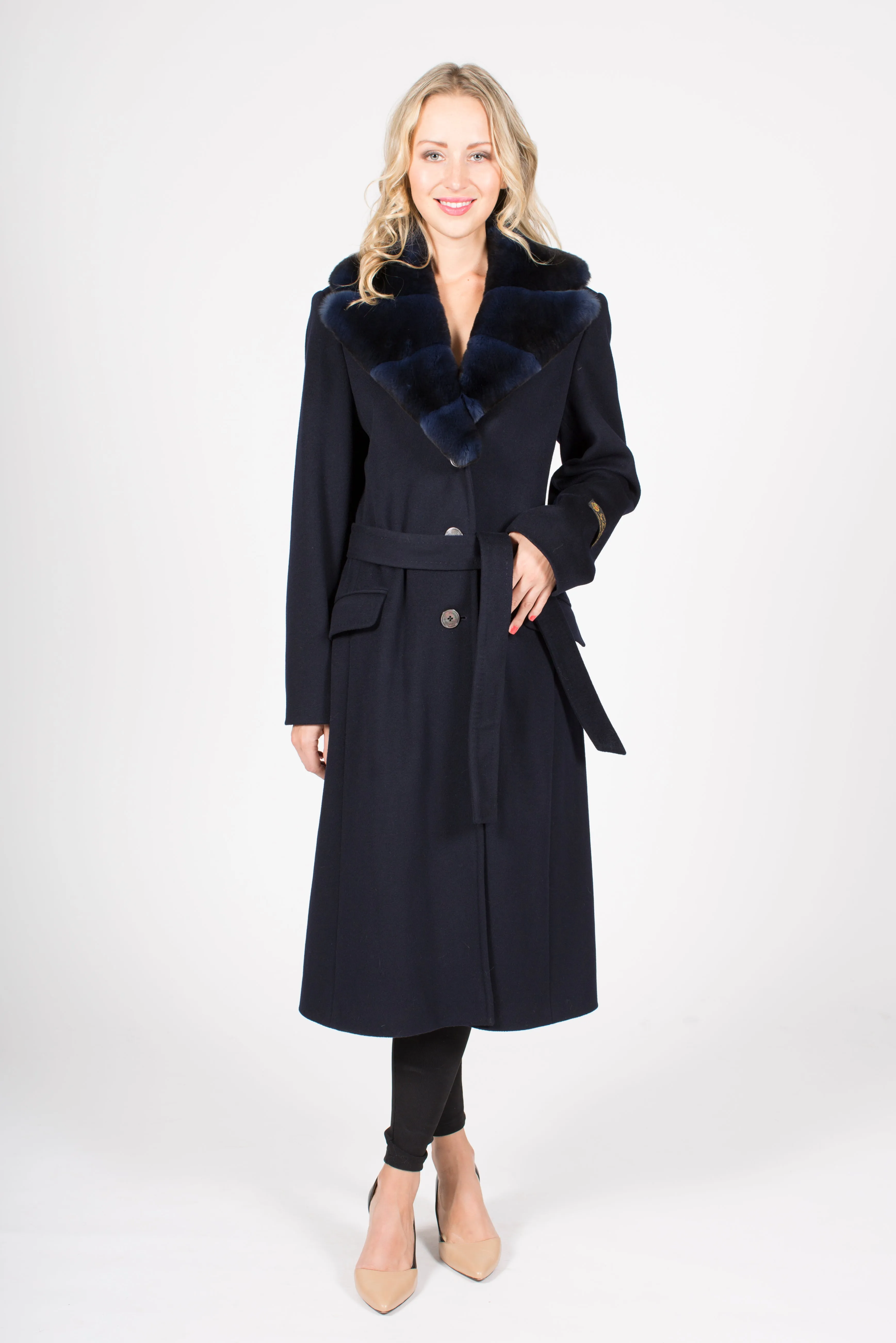 Long Cashmere Blend Wrap Coat with Rex Rabbit Collar