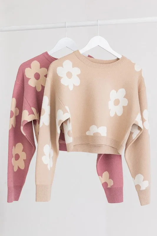 Long Sleeve Crop Sweater with Daisy Pattern  * Online Only*