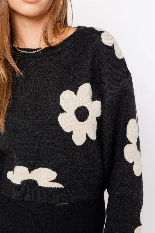 Long Sleeve Crop Sweater with Daisy Pattern  * Online Only*