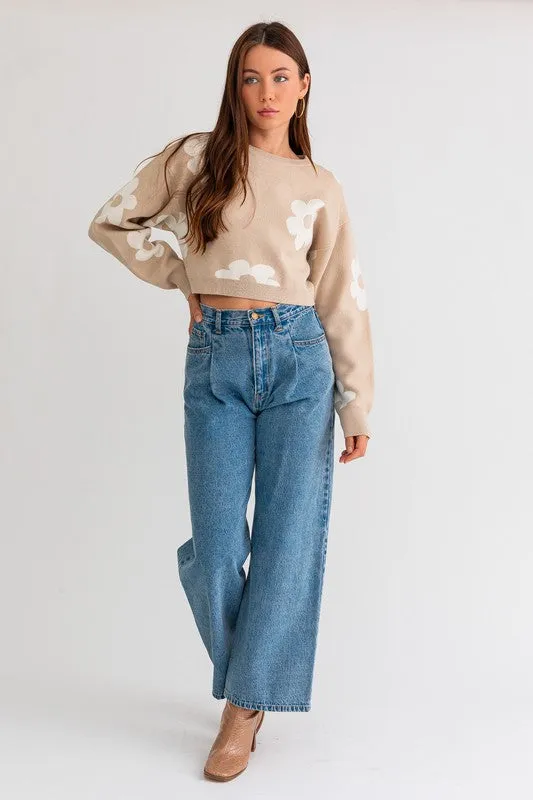 Long Sleeve Crop Sweater with Daisy Pattern  * Online Only*