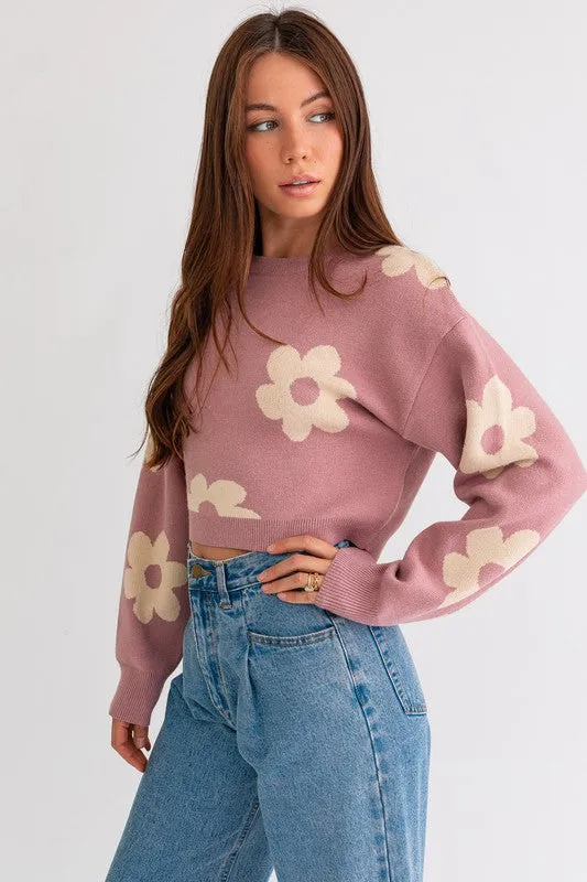 Long Sleeve Crop Sweater with Daisy Pattern  * Online Only*