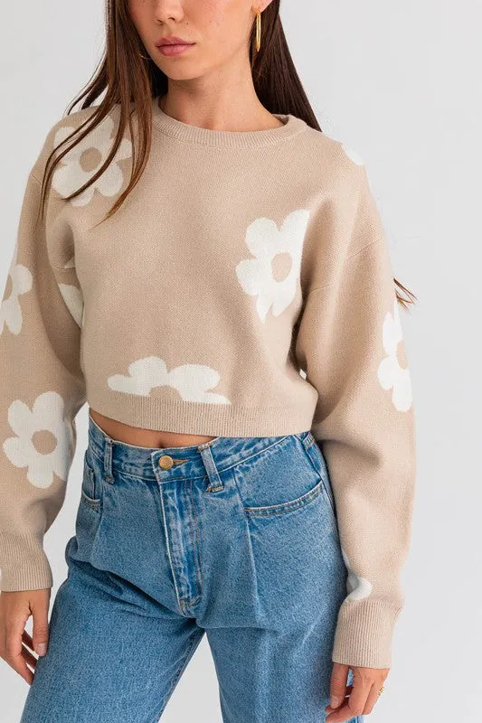 Long Sleeve Crop Sweater with Daisy Pattern  * Online Only*