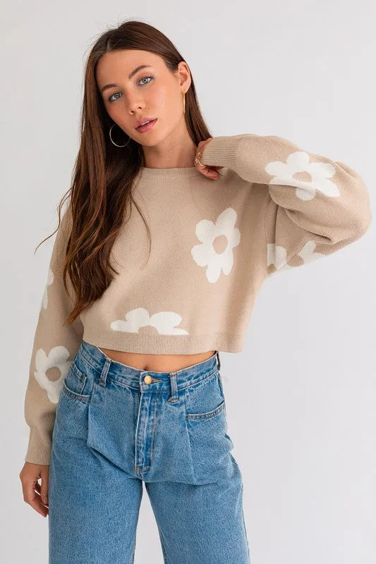 Long Sleeve Crop Sweater with Daisy Pattern  * Online Only*