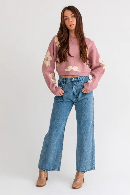 Long Sleeve Crop Sweater with Daisy Pattern  * Online Only*